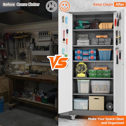 Aobabo 71" H×32" W×16" D Metal Storage Cabinet with Wheels, Garage Steel Storage Cabinet with 5 Adjustable Shelves and 4 Hooks for Home Office