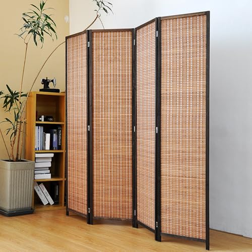4 Panel Room Divider Screen,5.6 FT Tall Bamboo Panel Divider Folding Privacy Screen,Freestanding Room Divider for Room Seperation,Brown