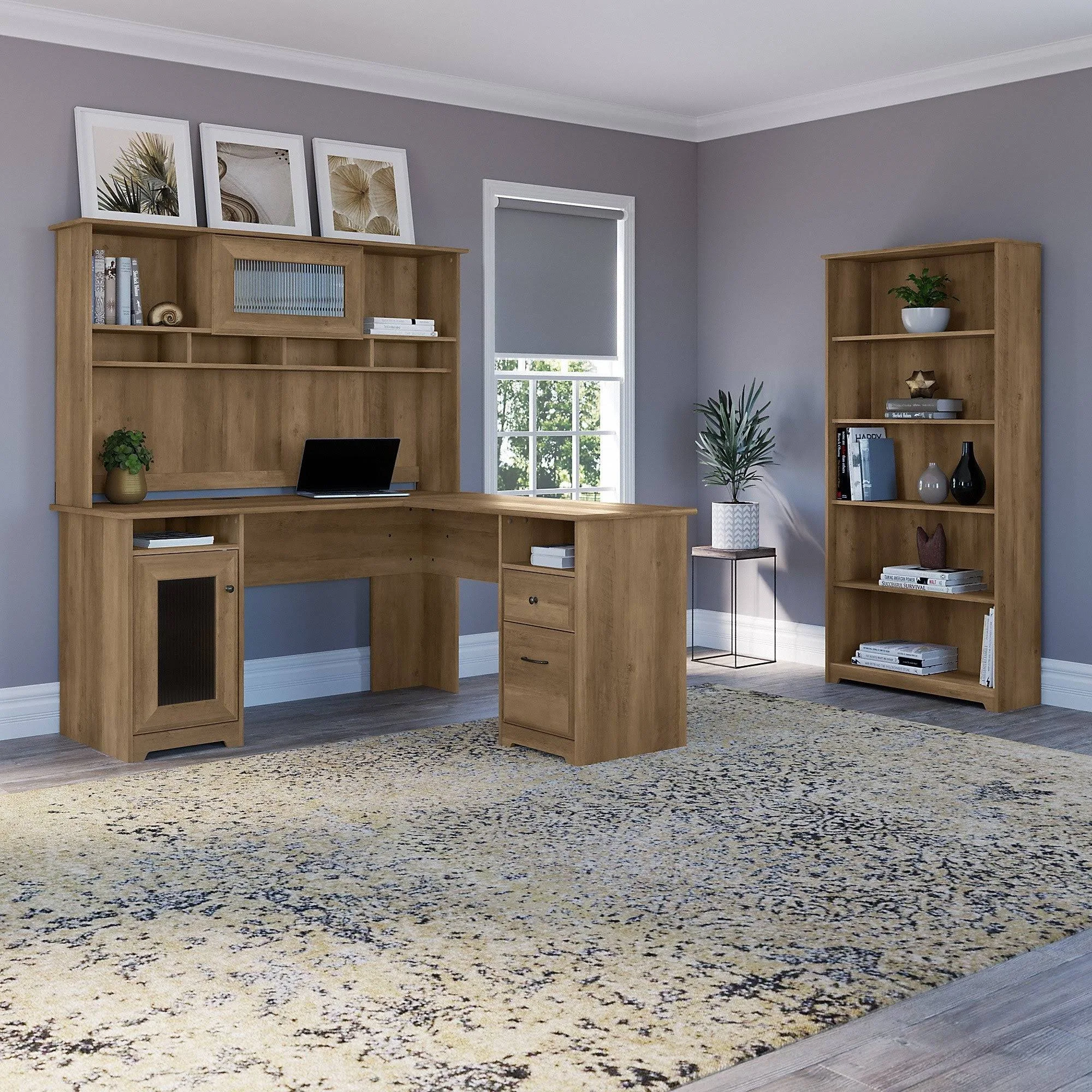 Bush Furniture Cabot Collection - Desk with 5-shelf bookcase - with hutch - L-shaped - reclaimed pine