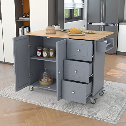 Kitchen Island on Wheels with Storage 52.7" W Rolling Kitchen Island Cart with Cabinet Drop Leaf Breakfast Bar, Solid Wood Top, 3 Drawers
