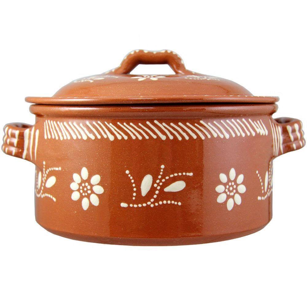 Traditional Portuguese Hand Painted Clay Terracotta Cazuela Cooking Pot with Lid
