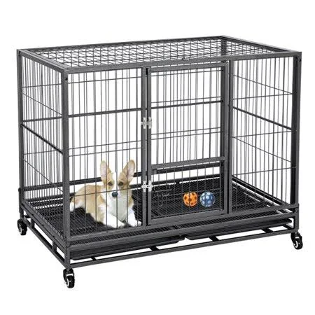Topeakmart Foldable Rolling Metal Dog Crate for Medium/Large Dogs Metal Large Dog Cage Kennel with Wheels u0026 Litter Pans Blac