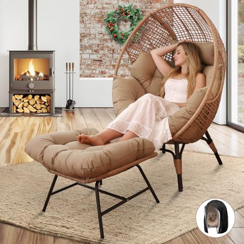 NICESOUL Egg Chair Indoor Outdoor, Large Egg Lounge Chair w/Ottoman, Oversized Comfy Cushioned Brid Cage Seat 440lbs