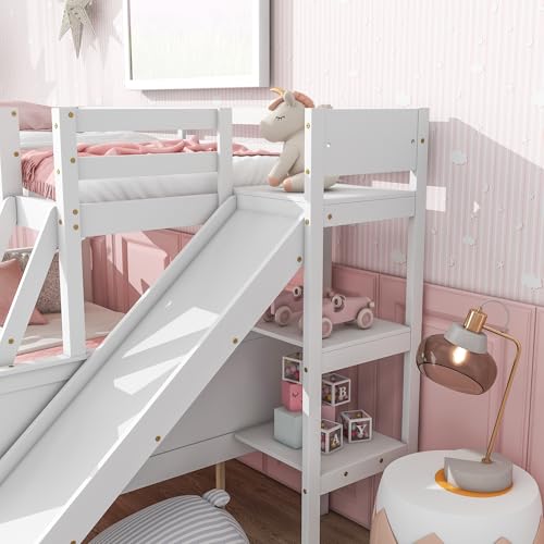 Bunk Beds Twin Over Full Size, Pine Solid Wooden Bunk Bed with Slide, Storage Staircase, Safety Guardrails for Kids, White