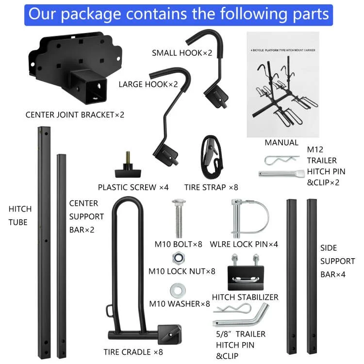 Hitch Mount Carrier Rack, with a 2" Hitch Receiver, Foldable Tray 4 Bike Rack fit for Trucks, Cars, SUV and Sedan