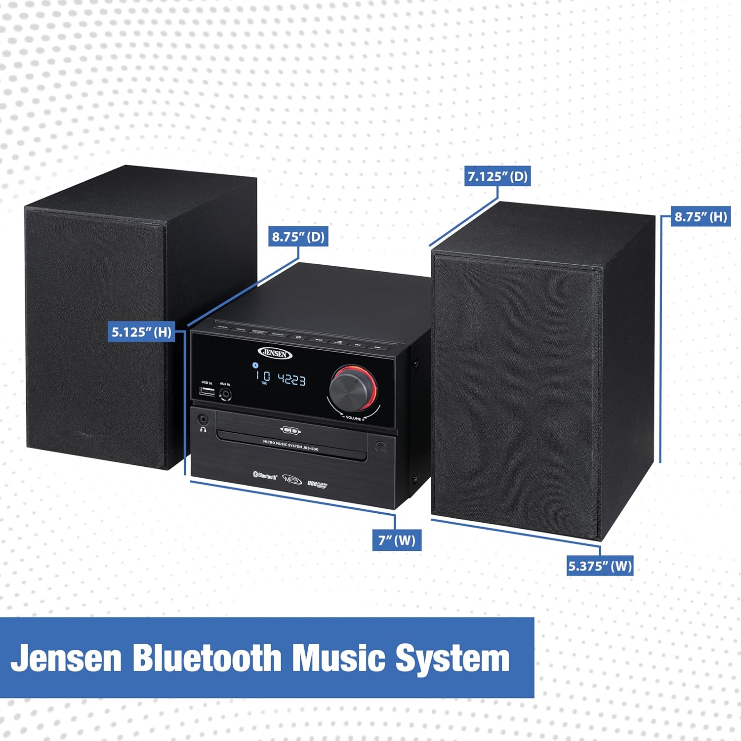 Jensen Professional JBS-500 Modern Bluetooth Wireless Stereo Music System Home CD Player, MP3 USB, Audio in, Headphone Jack, FM Radio, 30W