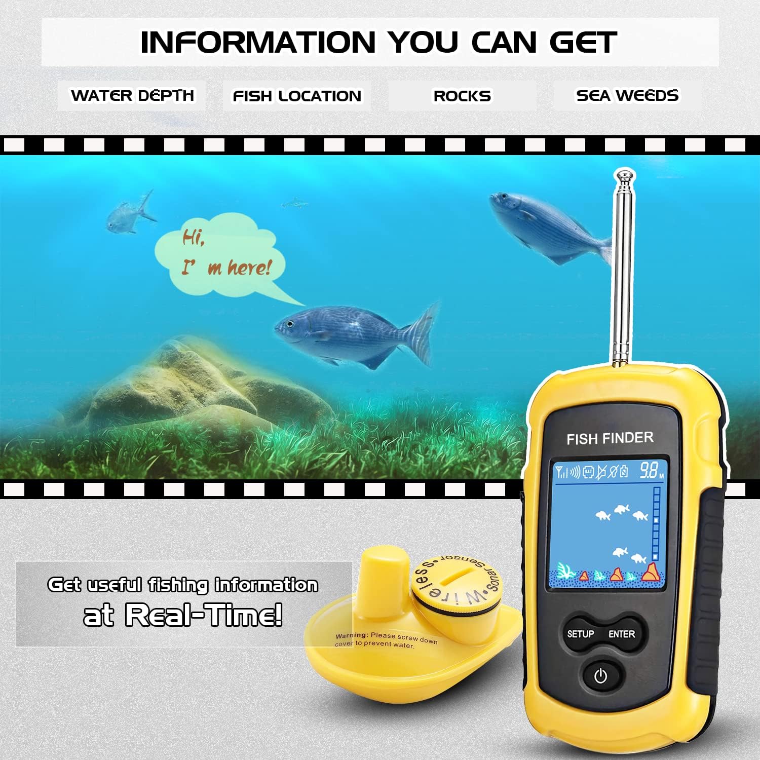 Atibin Castable Kayak Depth Finder Fishing Wireless Portable Fishing Finder Transducer Canoe Shore Fish Finder Sonar Detector Handheld Lake Sea Pack