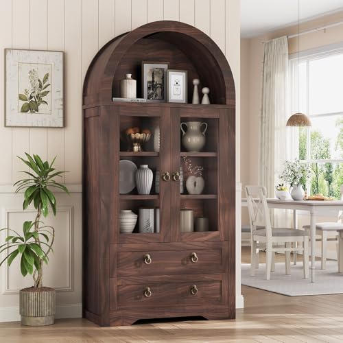 Kitchen Pantry Cabinet, Arched Bookshelf Bookcase China Pantry Storage Cabinet with Drawers Doors and Shelves