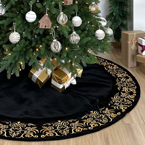 72-Inch Victorian Velvet Christmas Tree Skirt with Gold Damask Embroidery and Plush Lace Ties, Burgundy