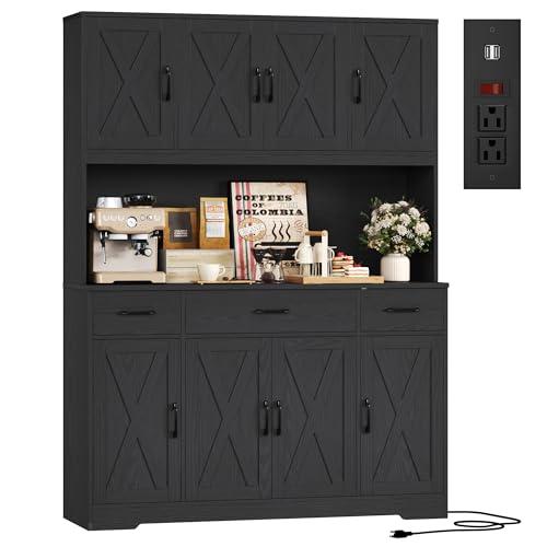 HOSTACK 71" Tall Kitchen Pantry Storage Cabinet with Charging Station, 55" Wide Kitchen Hutch Cabinet with Large Countertop
