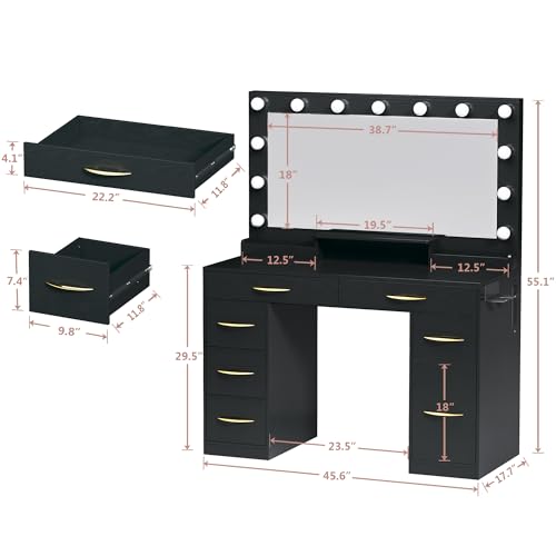 Makeup Vanity Desk with Lights, Vanity Desk with Large Mirror, White Vanity with Outlets Large Drawers & Storage, 3 Lighting Color Adjustable