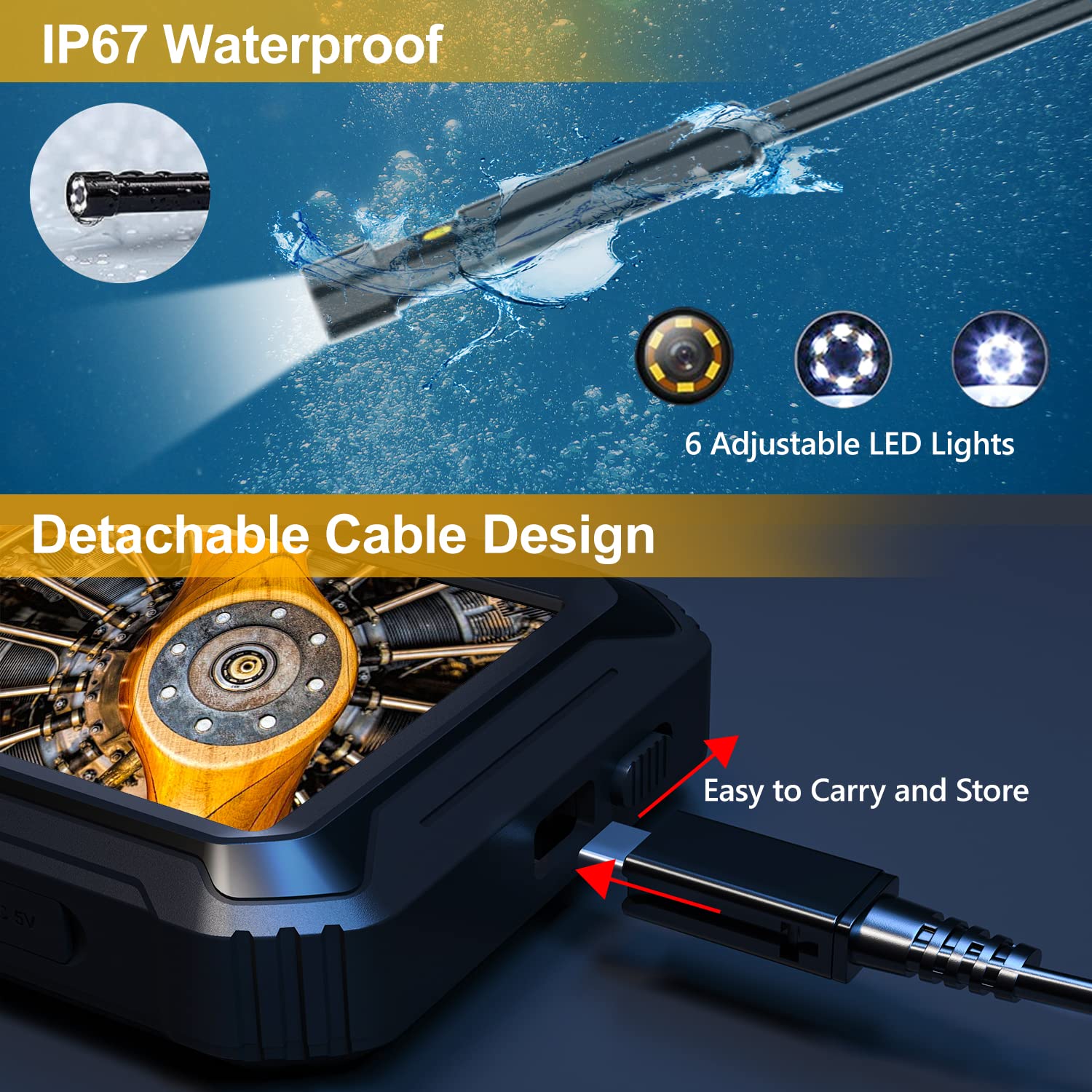 CIMELR Industrial Endoscope 5 IPS Inspection Camera, Dual Lens Borescope Camera with 8mm 16.5ft Flexible Cable