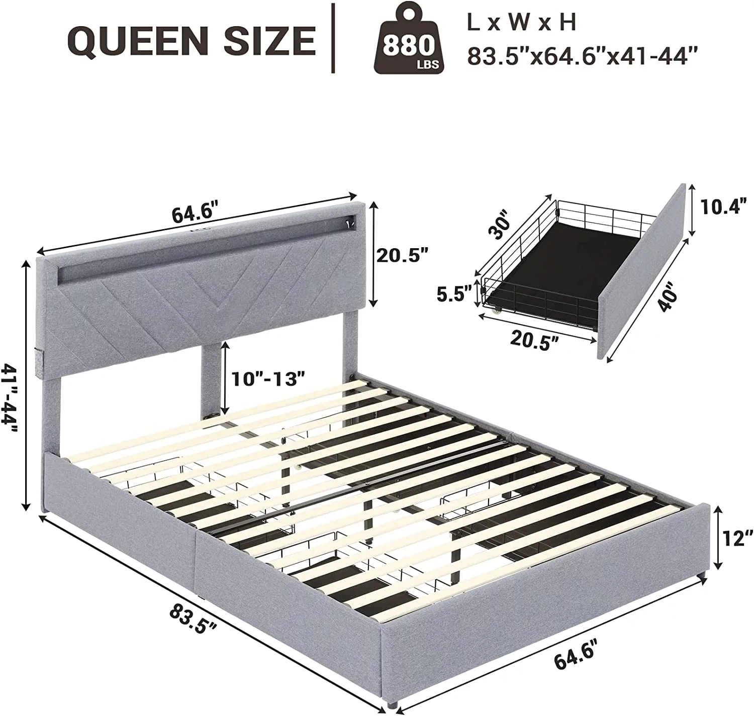 Queen Size Bed Frame with 4 Drawers, Upholstered Platform Bed with LED Lights Headboard and USB Charging Station, No Box Spring Needed, Dark Grey
