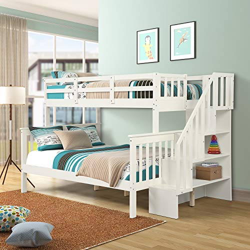 Ball & Cast Twin-Over-Twin Bunk Bed with Twin-Size Trundle and 3 Storage Stairs,Wood Bunkbed w/Full-Length Guardrails,Slat Support