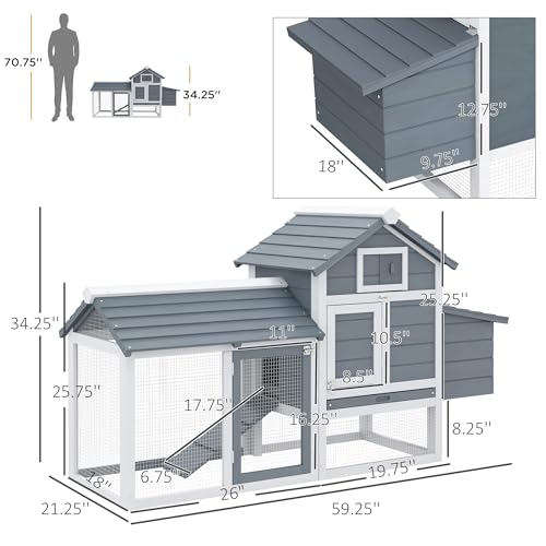 PawHut 59" Small Wooden Chicken coop Hen House Poultry Cage for Outdoor Backyard with 2 Doors, Nesting Box and Removable Tray, Gray