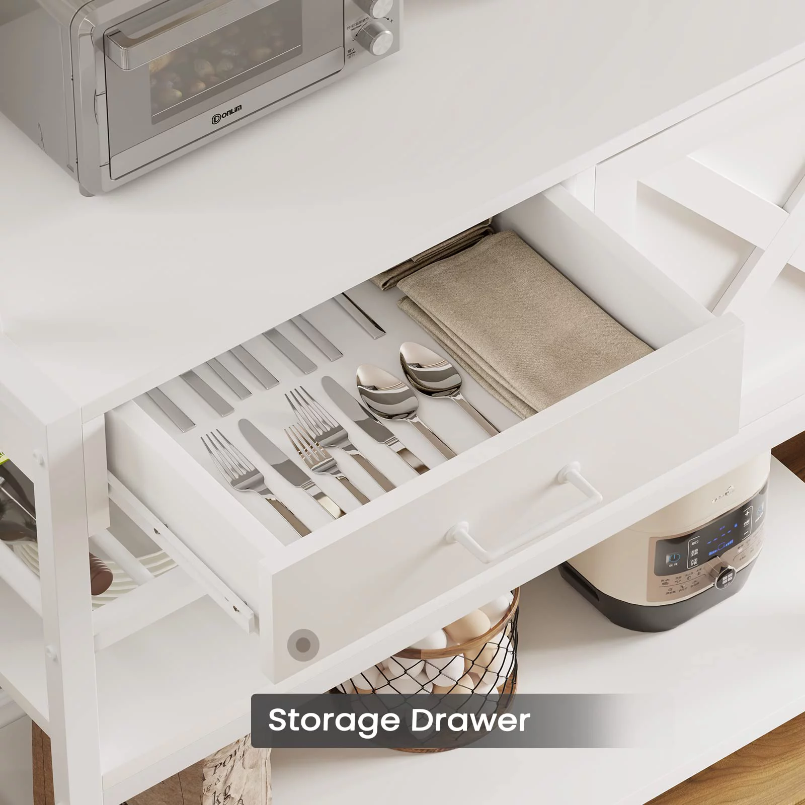 Bakers Racks for Kitchens with Storage, Coffee Bar Cabinet Microwave Stand with Wine Rack, Storage Drawer and 8 Hooks,White