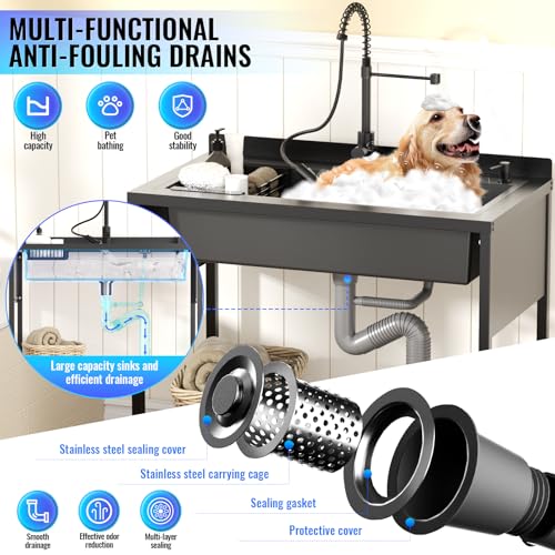 Stainless Steel Utility Sink, 36.6" × 24.2" × 36.6"Freestanding Sink with Cold and Hot Water Faucet,Hoses and Drain Kit for Kitchens, Bathrooms