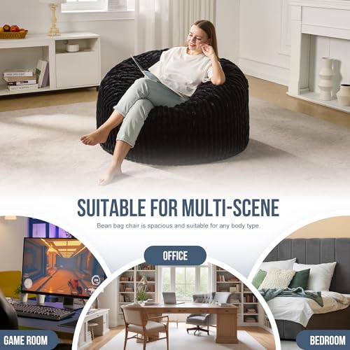 Hobestluk 5ft Bean Bag Chairs for Adults Large Beanbag Chair with Stripe Plush Cover Big Bean Bag Chair for Living Room Bedroom Dorm Office -Black
