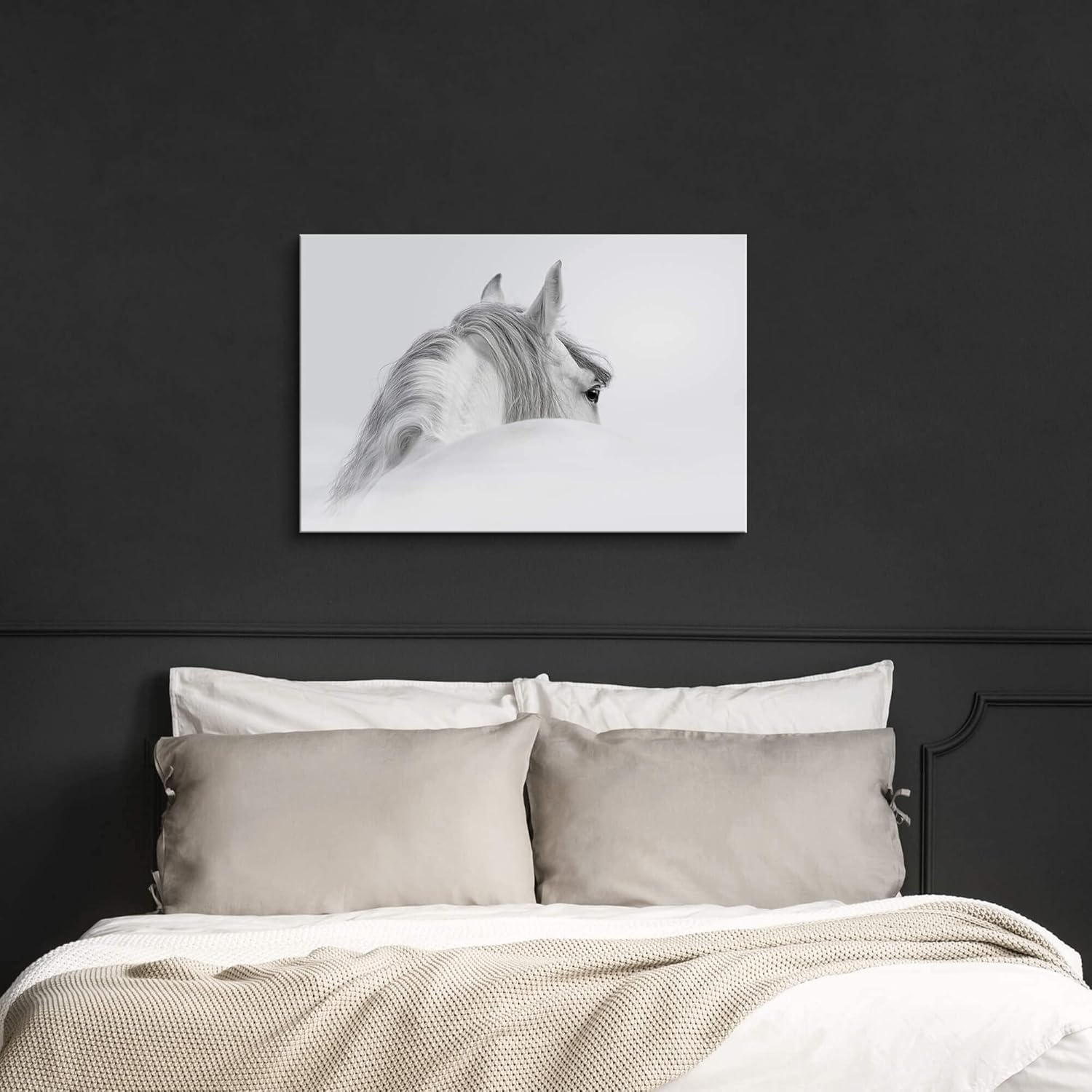 Bedroom Horse Canvas Wall Art: White Pony Picture Equestrian Print Large Modern Animal Portrait Artwork Contemporary Wildlife Painting for Bathroom