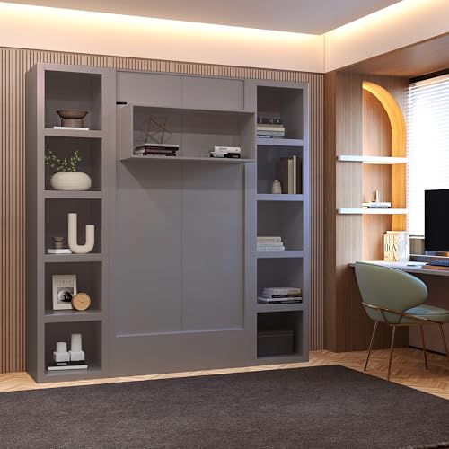 Oakland Living Easy-Lift Queen Murphy Wall Bed in Brown Wood Grain with Two Bookshelves