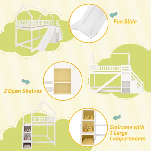 Giantex House Bunk Bed Twin Over Twin with Slide & Stairs, Wood Bunk Bed with Storage Shelves, No Box Spring Needed