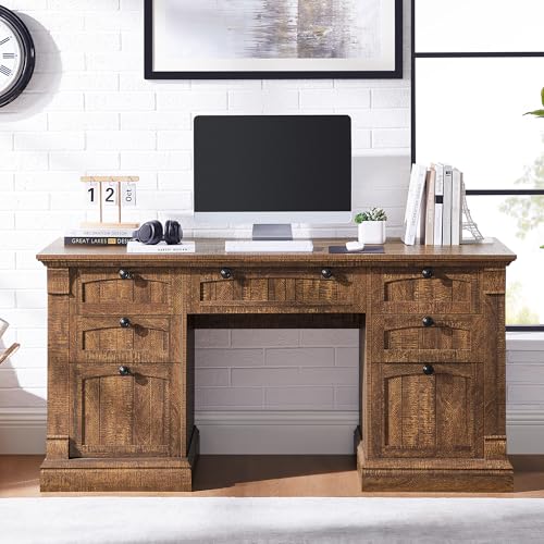 OKD 60" Executive Desk with Drawers, Farmhouse Home Office Desk with Charging Station, Keyboard Tray, File Cabinet Storage