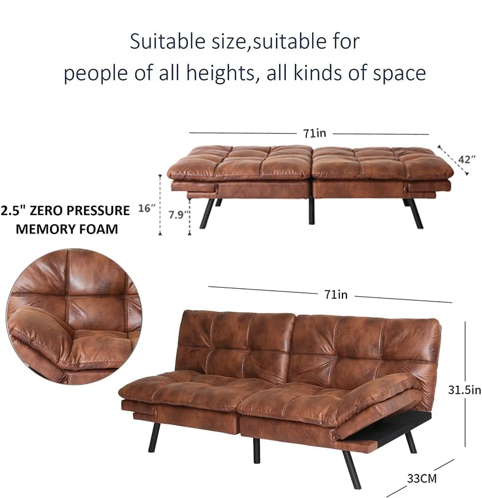 HESTINYSU 70.5'' Upholstered PU Leather Sofa, Memory Foam Futon Couch Bed, Modern Folding Sleeper Sofa,Brown