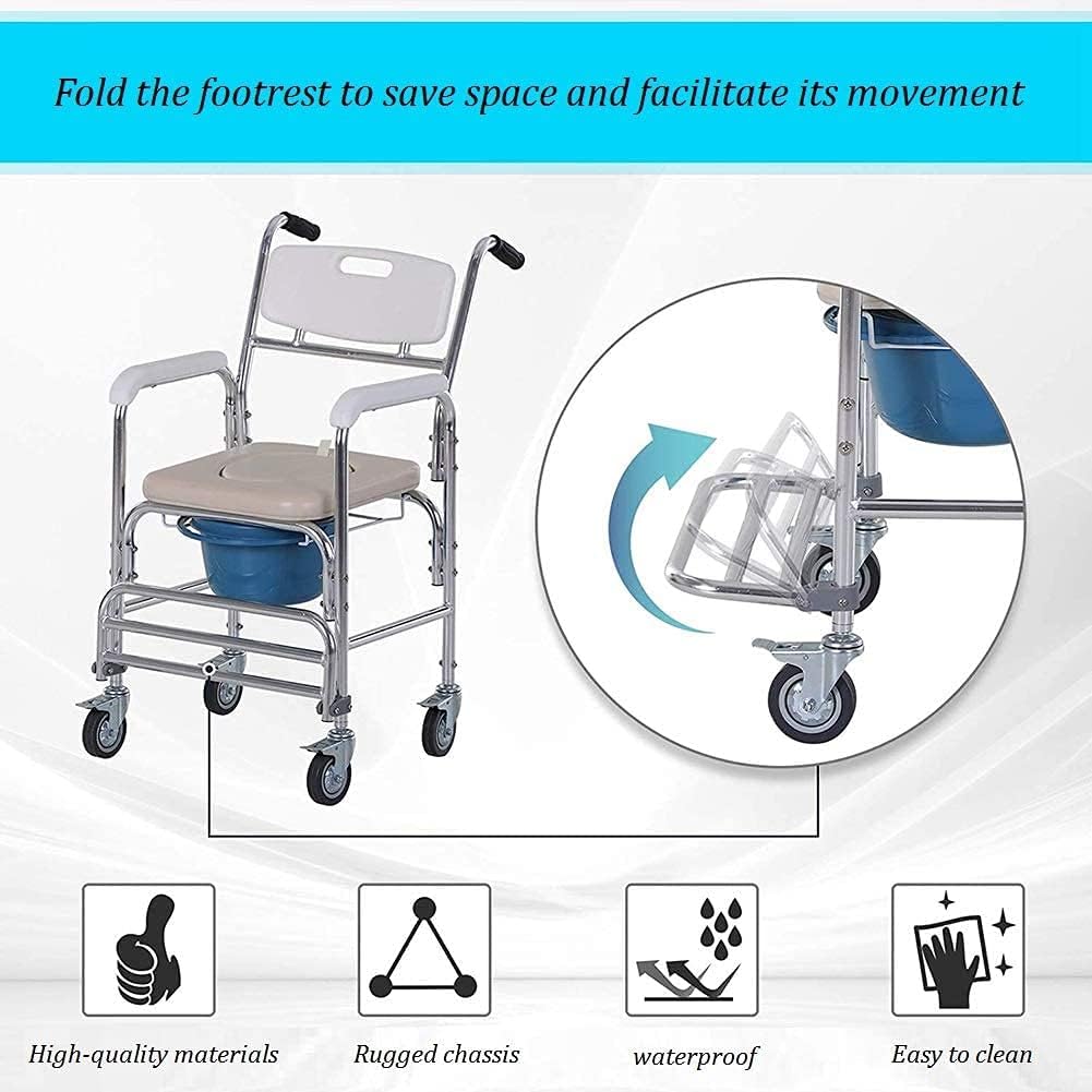 KOHARA Commode Chair,Toilet Chair Wheeled Commode,Wheeled Chair with Round Bowl and Footrests,Portable Bathroom Chair,Mobile Commode