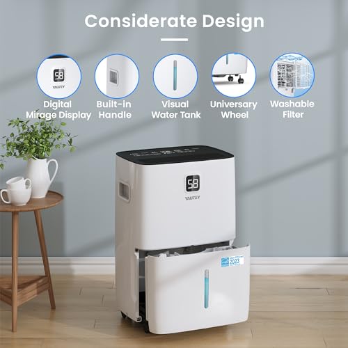 Yaufey 2500 Sq. Ft Home Dehumidifier for Medium to Large Rooms and Basements with Auto or Manual Drainage, 0.48 Gallon Water Tank Capacity