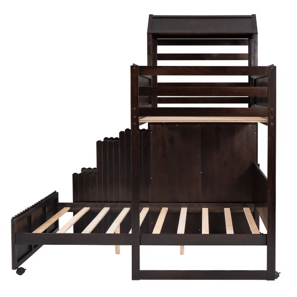 CHURANTY Wood Twin Over Full Loft Bed Stairway House Bed with Stairs and Drawers