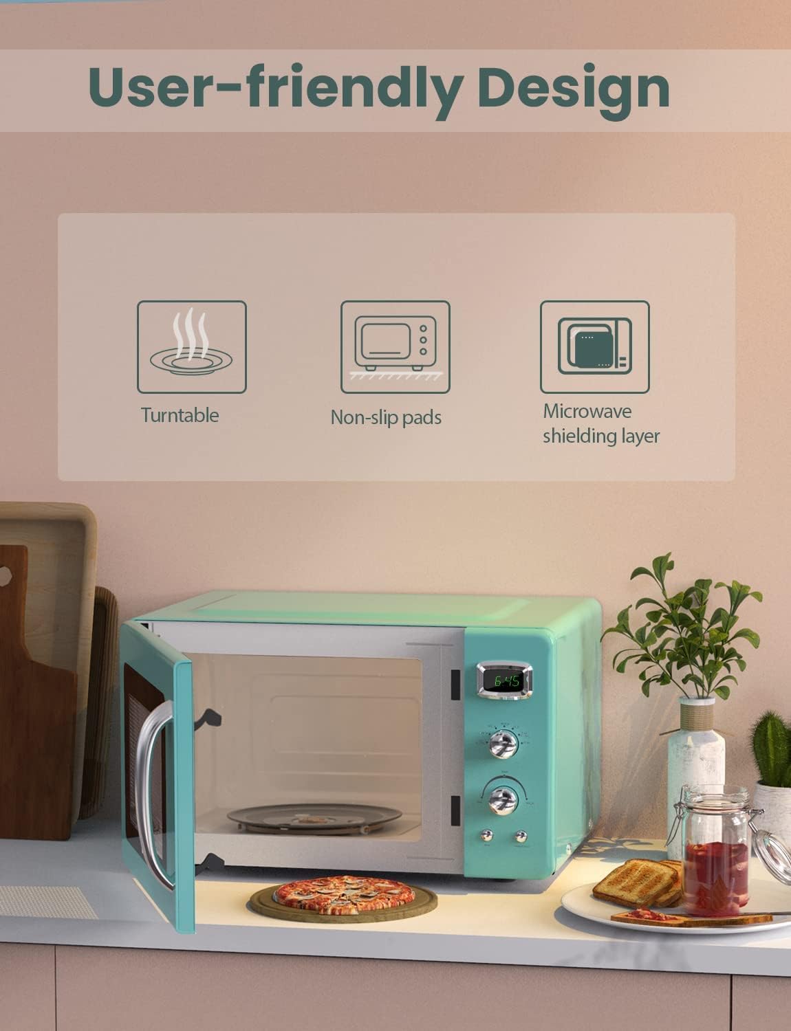 Retro Microwave Oven, SIMOE Compact Countertop Microwave 0.9 cu.ft. 900 W, Defrost & Auto Cooking Function, LED Display