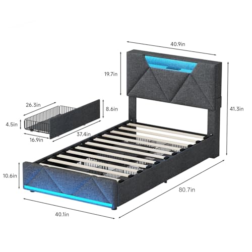 Vabches Queen Bed Frame with Storage Headboard and 4 Drawers,Upholstered Platform with Charging Station and Led Lights,Adjustable Headboard