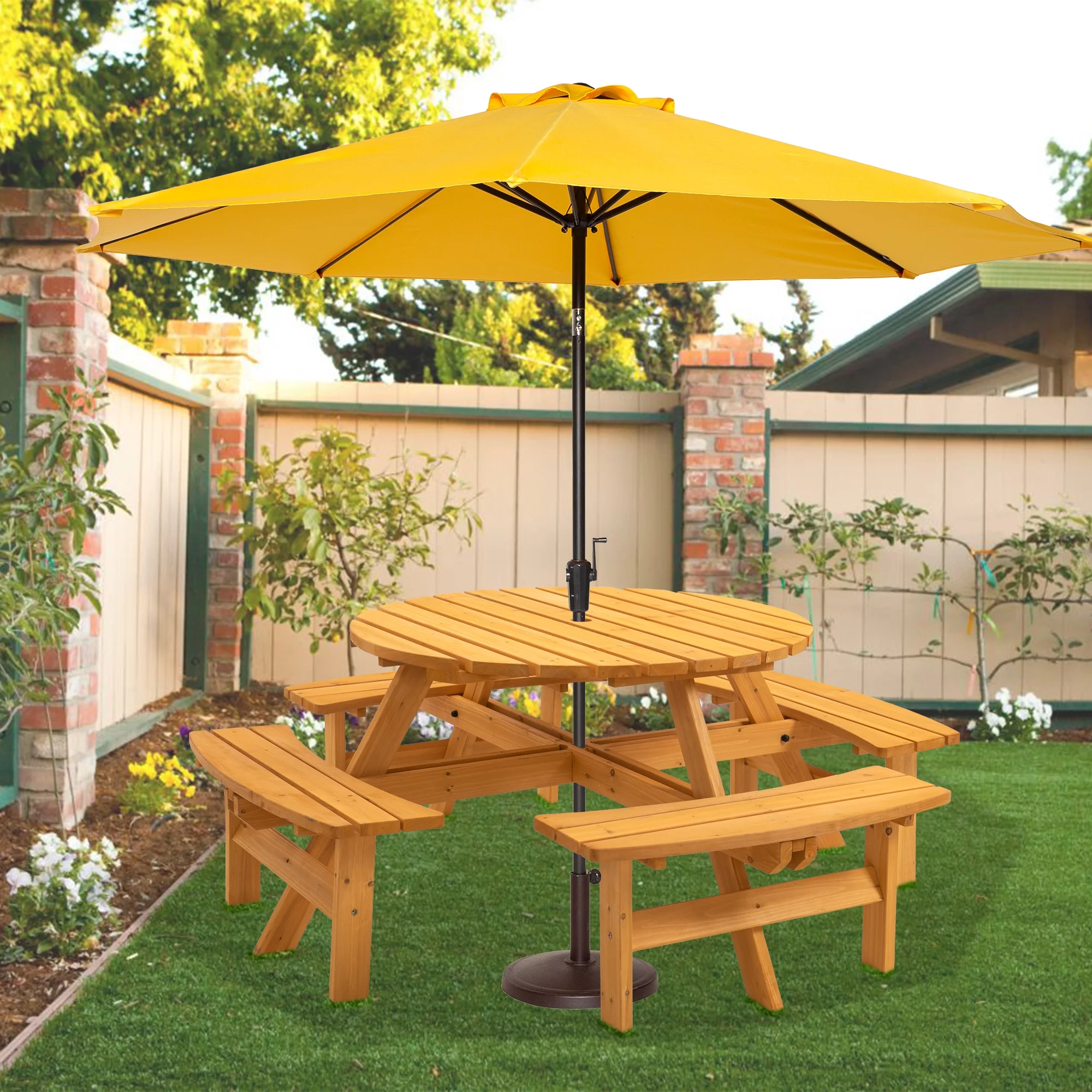 Outdoor 8-Person Circular Wooden Picnic Table w/ 4 Built-in Benches 2220lb Capacity for Garden, Patio, Backyard - Natural