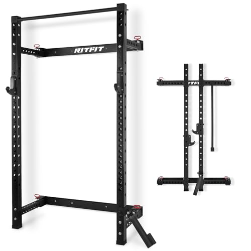 RitFit Multi-Functional Folding Squat Rack for Home Gym, 2.36'' x 2.36'' Wall Mounted Squat Rack with Attachments - Space Saving Squat Power Rack