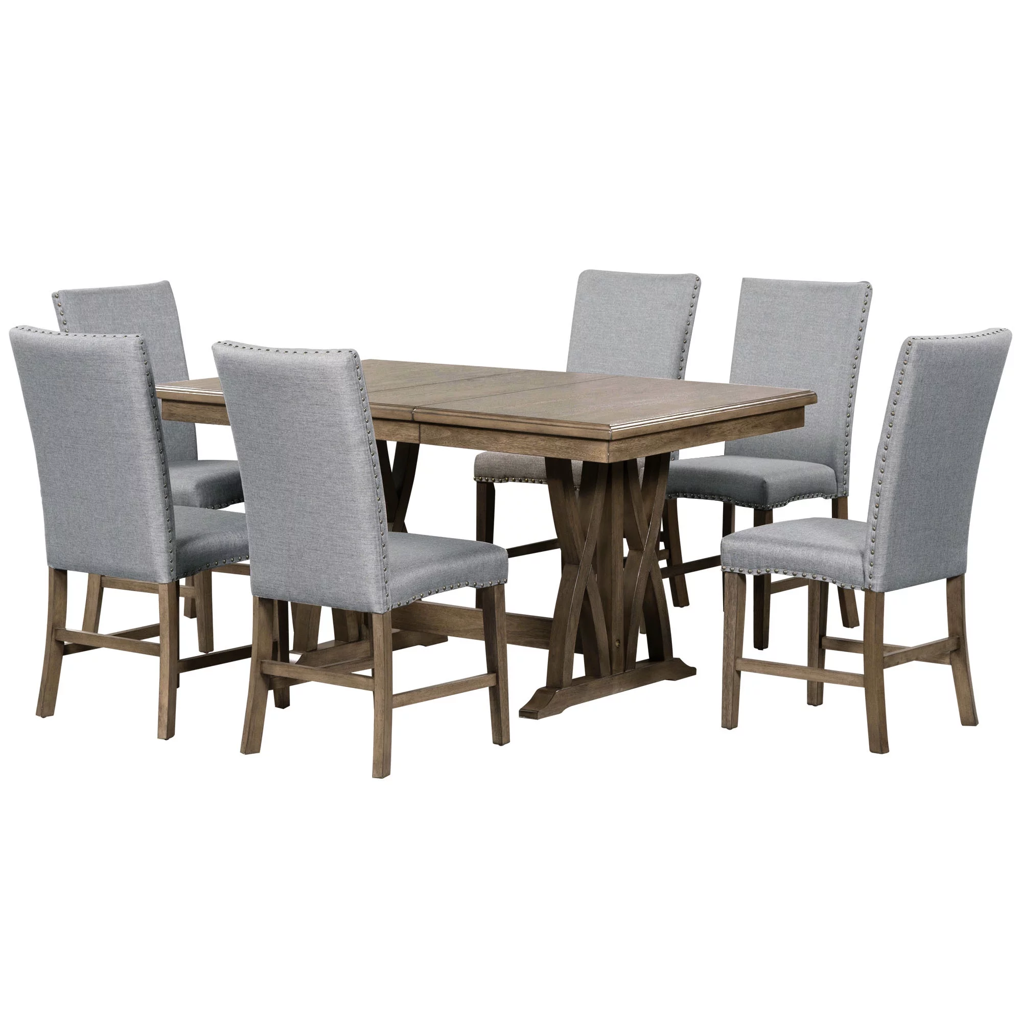 TOPMAX Mid-Century Solid Wood 7-Piece Dining Table Set Extendable Kitchen Table Set with Upholstered Chairs and 12" Leaf for 6