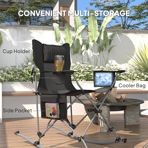 Outsunny Folding Rocking Camping Chairs for Adults, Portable Outdoor Rocking Chairs with Headrest, Cooler Bag, Cup Holder