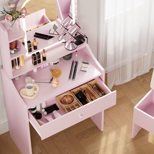 LIKIMIO Small Makeup Vanity Desk with Mirror and Lights, Vanity Table Set with Storage Drawer, Chair and Three Shelves, Bedroom, White