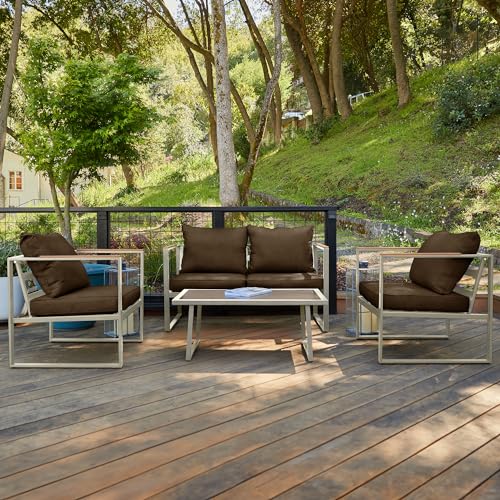 EAST OAK Courtyard Patio Furniture Set, 4-Piece Outdoor Patio Set with Sofa, Removable & Washable Deep Seating Cushion, Tempered Glass Table