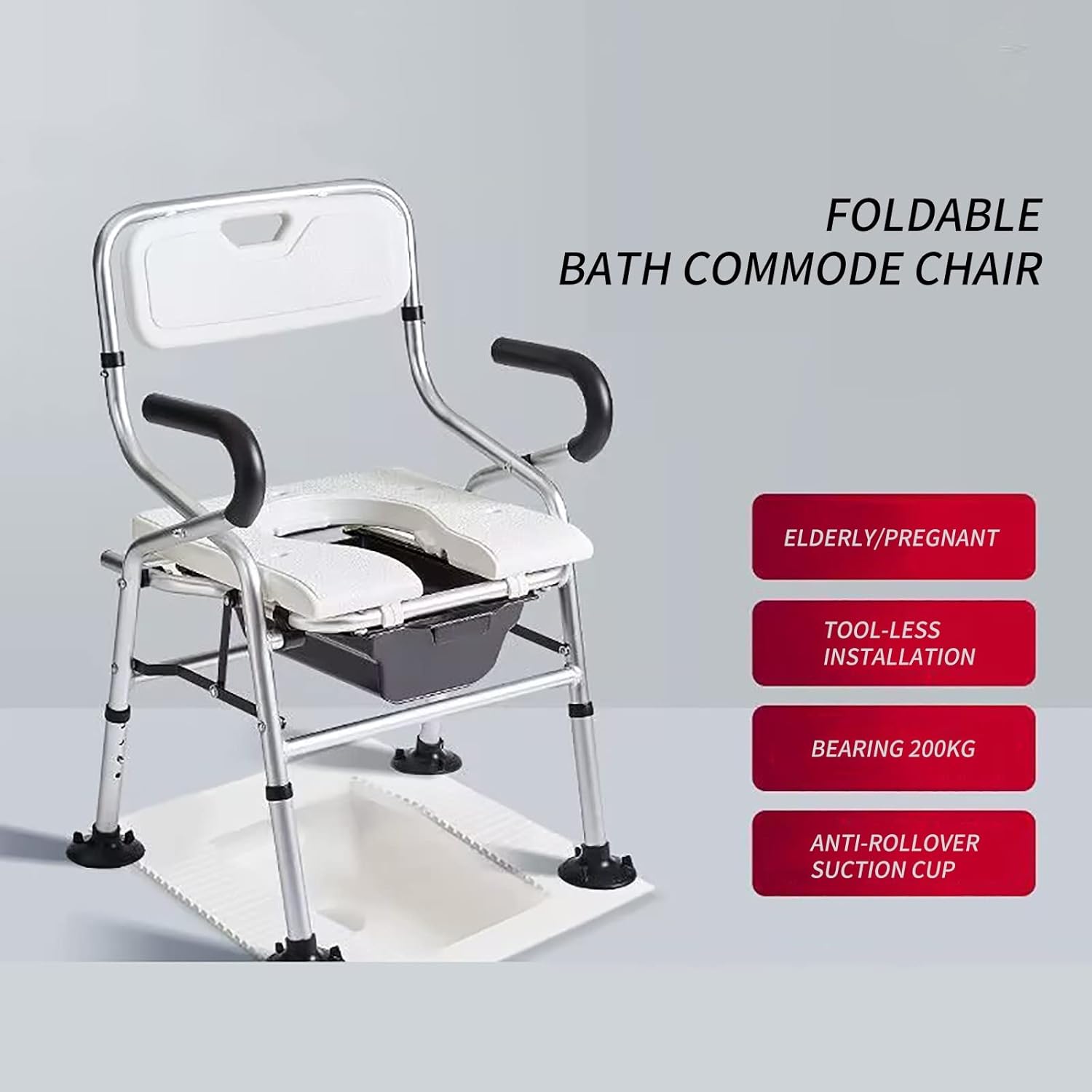 KOHARA Lightweight Foldable Shower Toilet Chair Height Adjustable Elderly Toilet Shower Chair Bedside Commode Chair for Toilet with Arms and Backrest