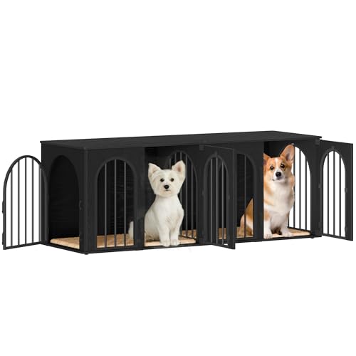 71" Dog Crate Furniture for 2 Dogs, Heavy Duty Indoor Dog Kennel TV Stand, XXL Wooden Dog Cage with Divider for Medium Large Dogs