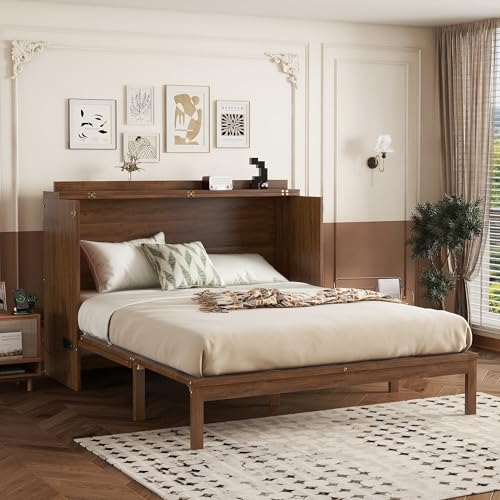 KEIKI Queen Murphy Bed Cabinet with Charging Station & Rattan Design – Space-Saving Wall Bed with Large Storage Drawer