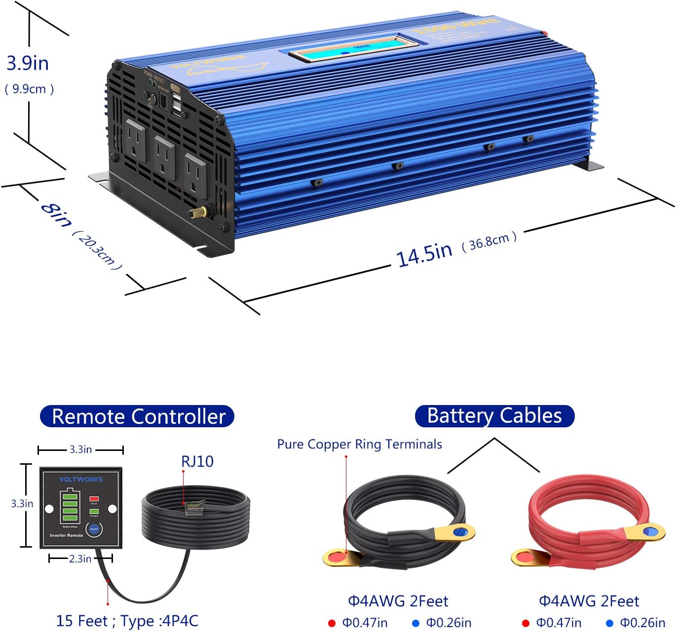 1500W Pure Sine Wave Power Inverter DC 12v to AC 110V-120V with Remote Control LCD Display and 2x2.4A Dual USB Ports 3 AC Outlets for Home RV Truck