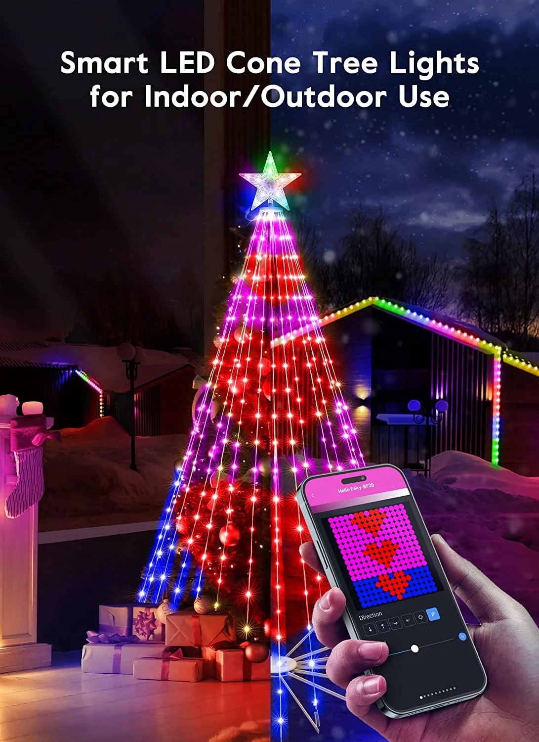 Brightown Smart Christmas Cone Tree LED Light, 6ft 265 LED Music Sync with Remote APP, Local Control, Pattern and Text Displayable