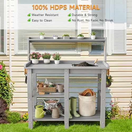 Potting Bench, Outdoor Potting Bench Table with Removable Sink, HDPS Potting Benches for Outside, Garden Table with Storage Shelves & 4 Side Hooks