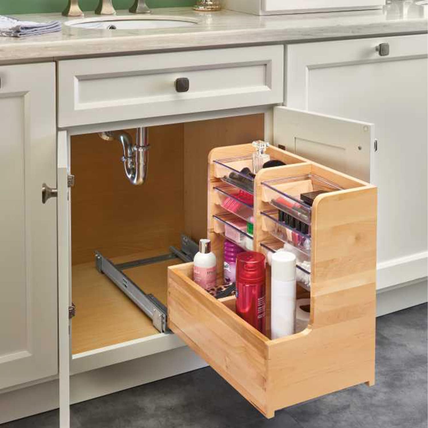 Rev-A-Shelf 441-15VSBSC-1 30 Inch Floor Mount L Shaped Wood Sink Vanity Cabinet Base Storage Organizer with Soft Close Slides and Bins, Natural Maple