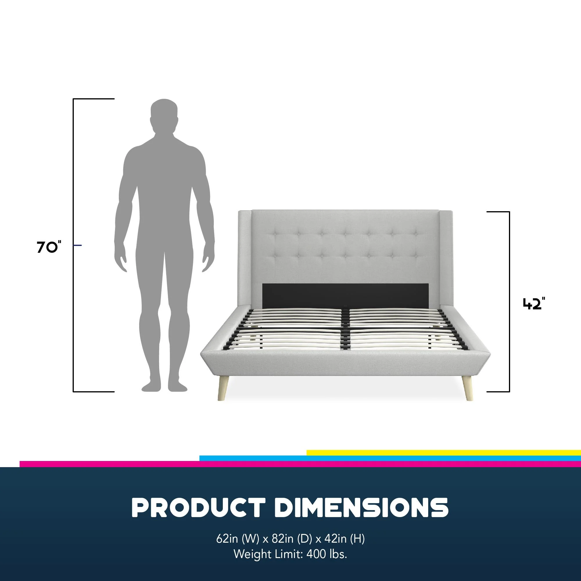 Queer Eye Farnsworth Upholstered Bed with Low Profile Platform Frame, Full, Light Gray Linen