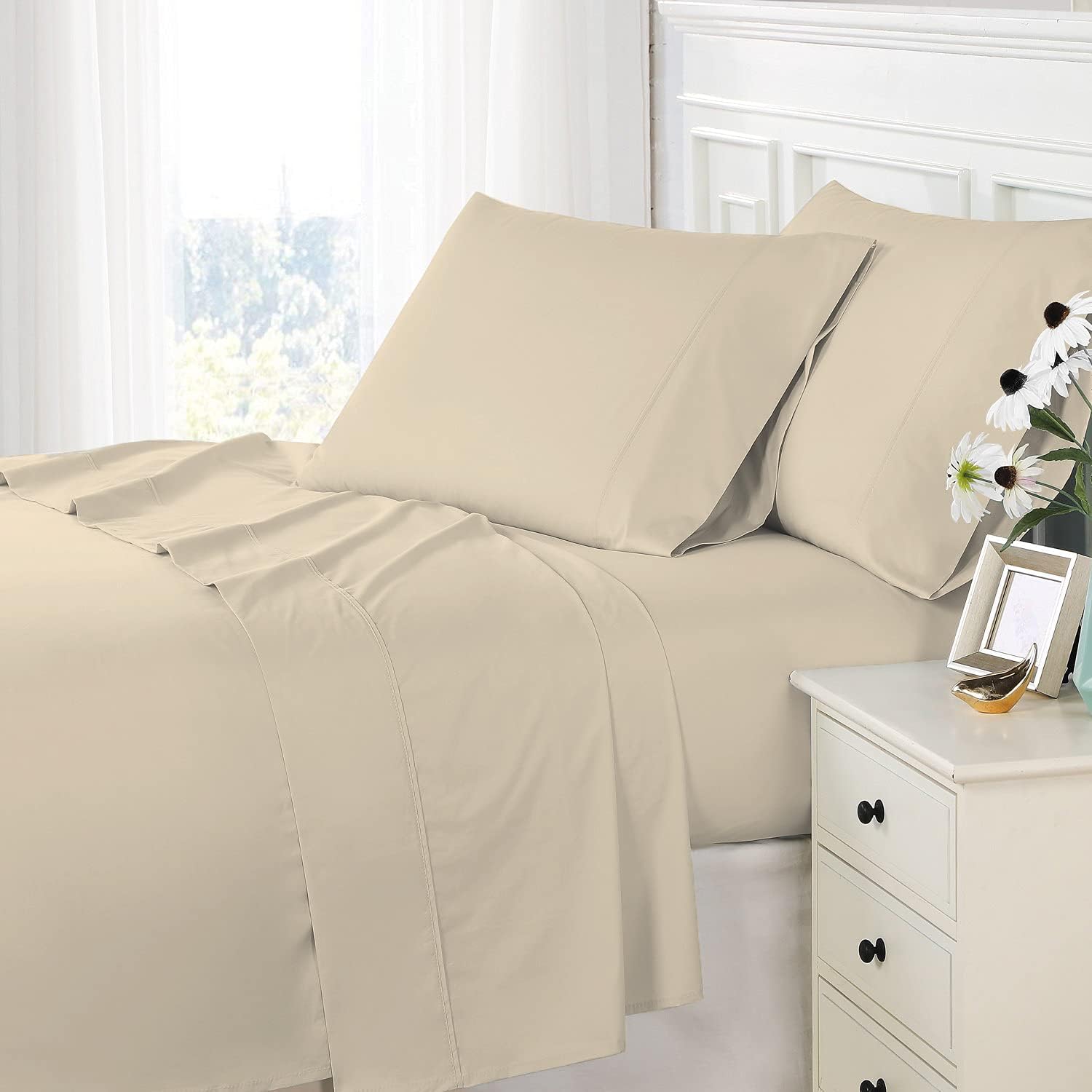 Pizuna 800 Thread Count Cotton California-King-Sheet-Set White, 100% Long-Staple-Cotton Smooth Sateen Sheets