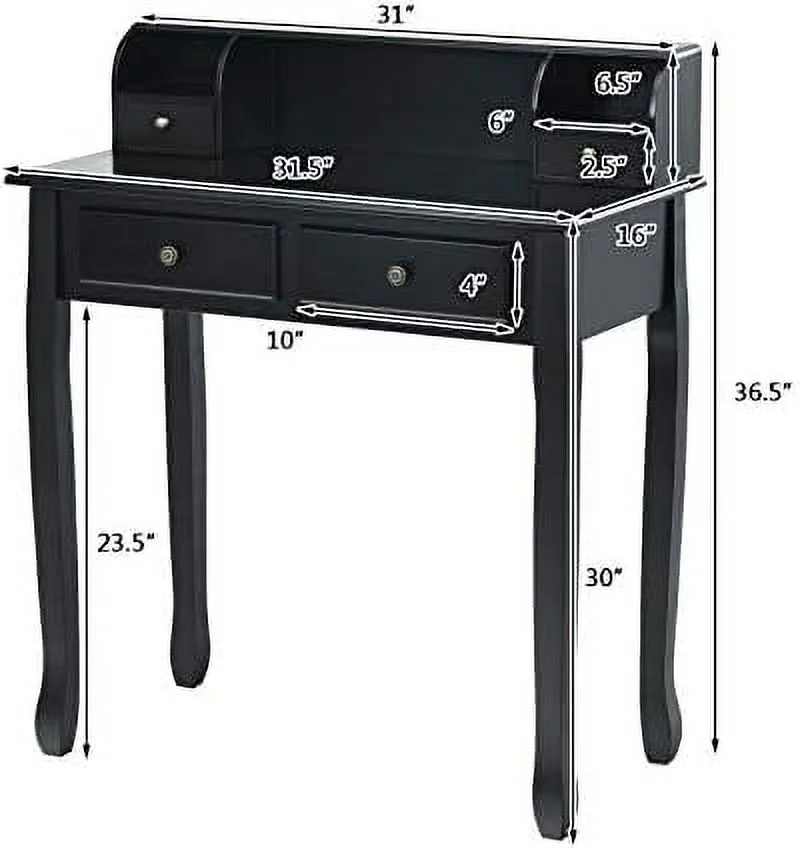 JYHOME Small Writing Desk with Removable Hutch  2-Tier Vanity Table with 4 Drawers  3 Cubbies &amp