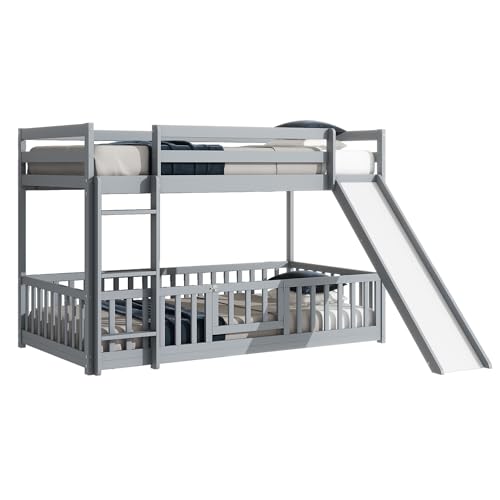 Full-Over-Full Castle Style Bunk Bed with 2 Drawers and 3 Shelves, Wood Bunk Bed Frame with Slide and Storage Staircase for Kids Teens Boys Girls