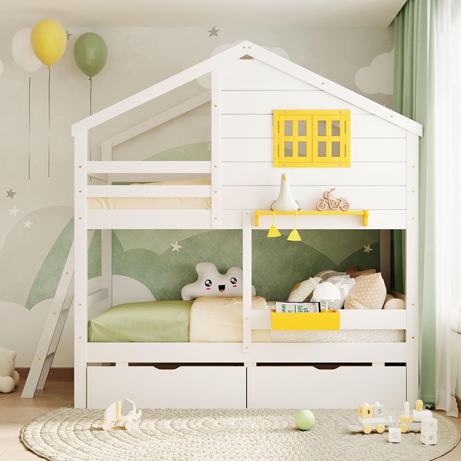Multi-Functional Bunk Bed for Kids, Twin Size House Bunk Bedframe with Yellow Window & Two Storage Drawers, Open Shelves & Boxes